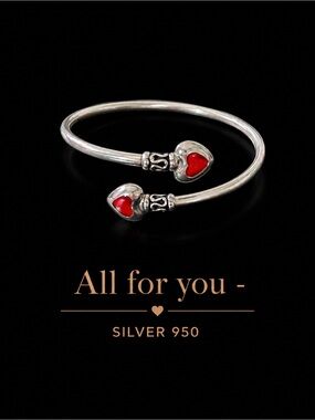 950 Silver Open Heart Cuff Bracelet | Red Heart Adjustable Bangle